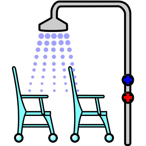 two shower chairs below a showerhead.